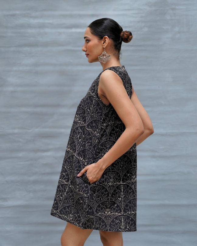 Pink Moon Black Handblock Print Cotton Dress - MNCH
