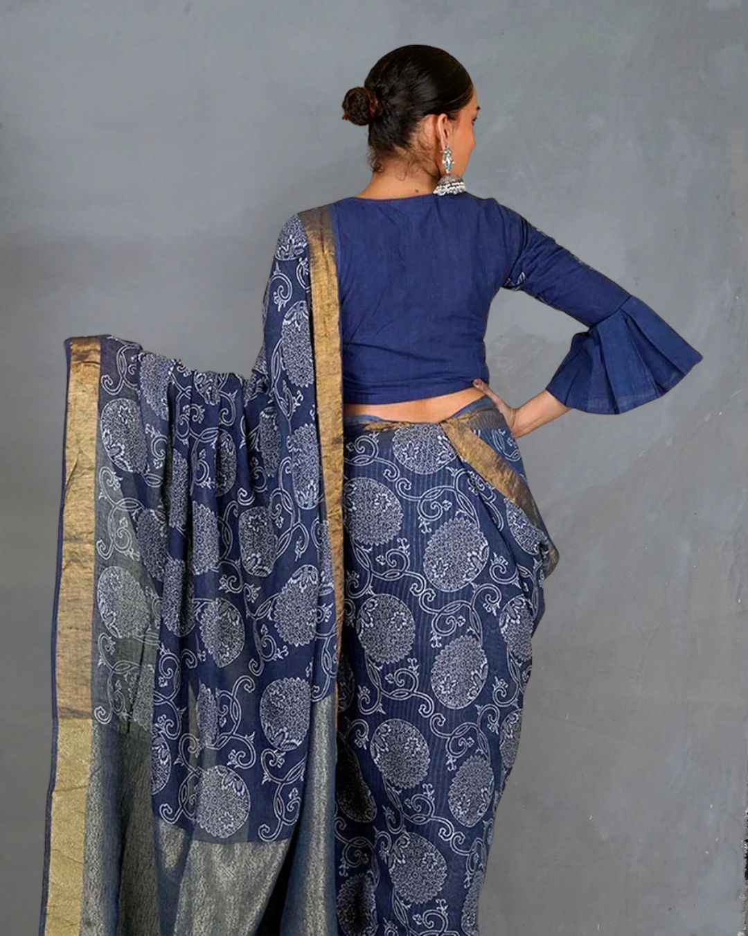 Rahi Blue Handblock Print Linen Saree - INDI