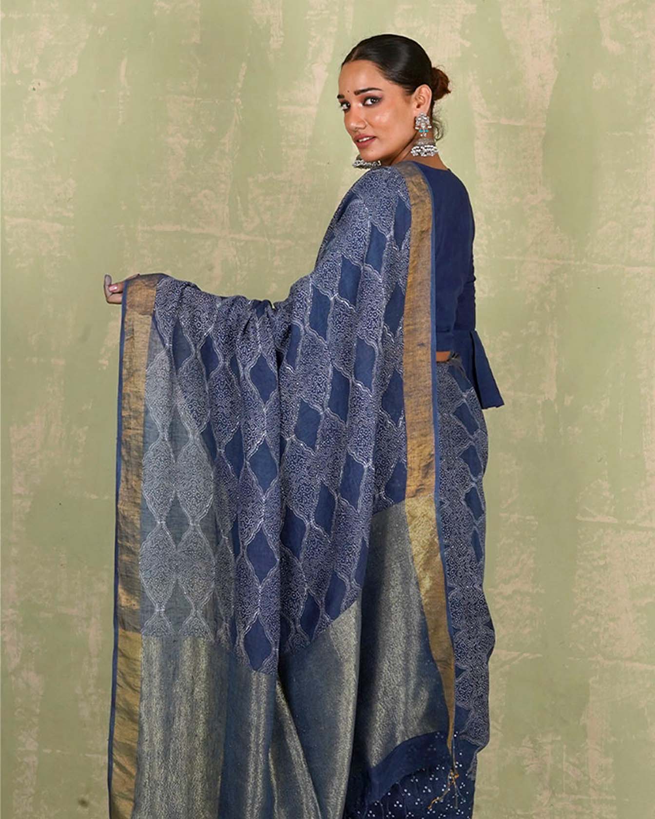 Sandhya Blue Handblock Print Linen Saree - INDI