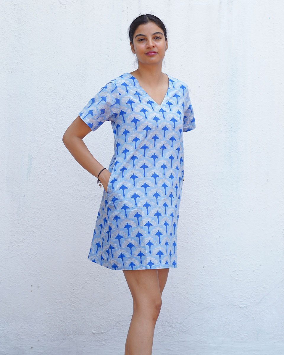 Ira Blue Hand Block Printed Dress-BAD