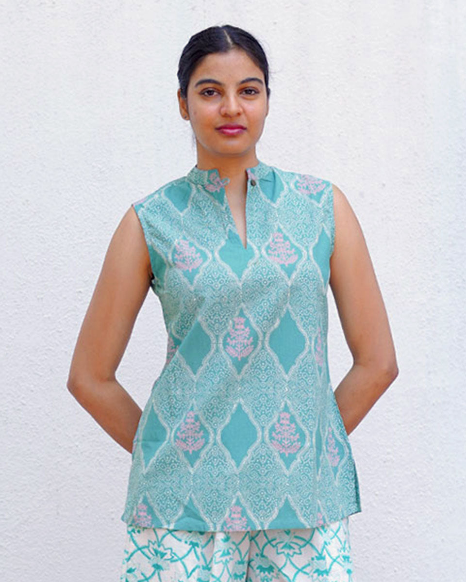 Frangipaniâ€™s Freshness Teal Green Block Printed Top - MMG