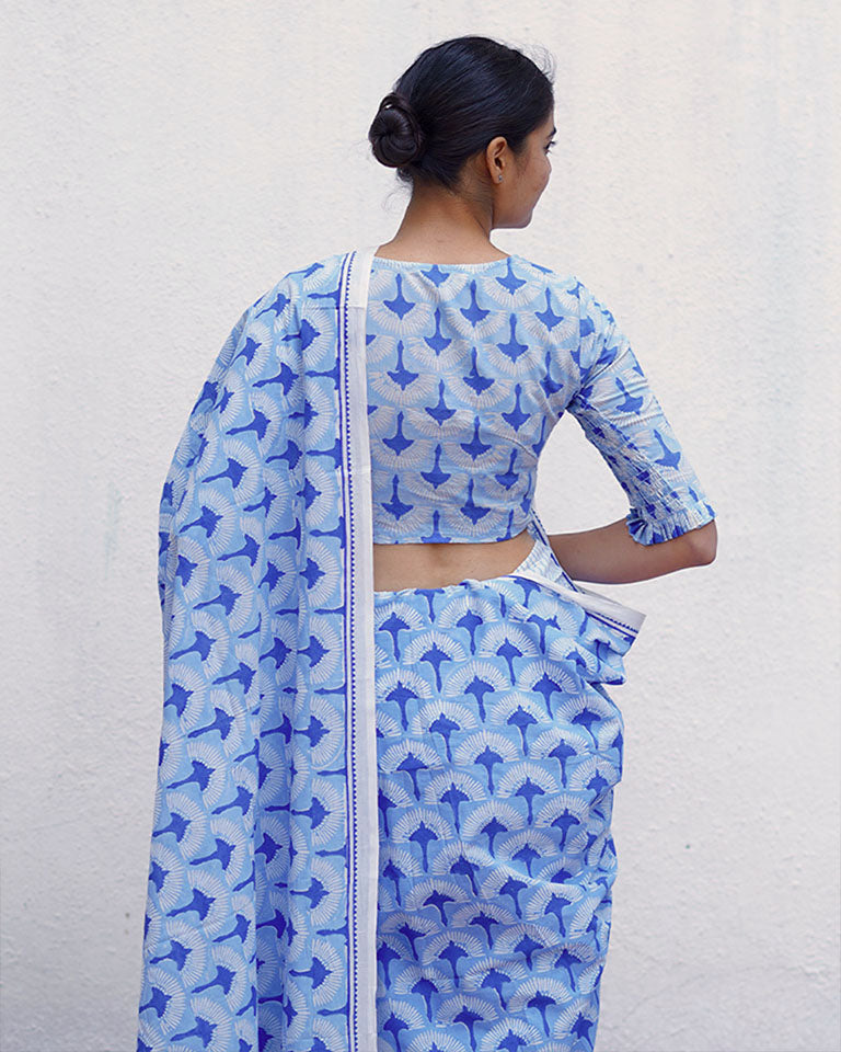 Maya Blue Hand Block Printed Saree-BAD
