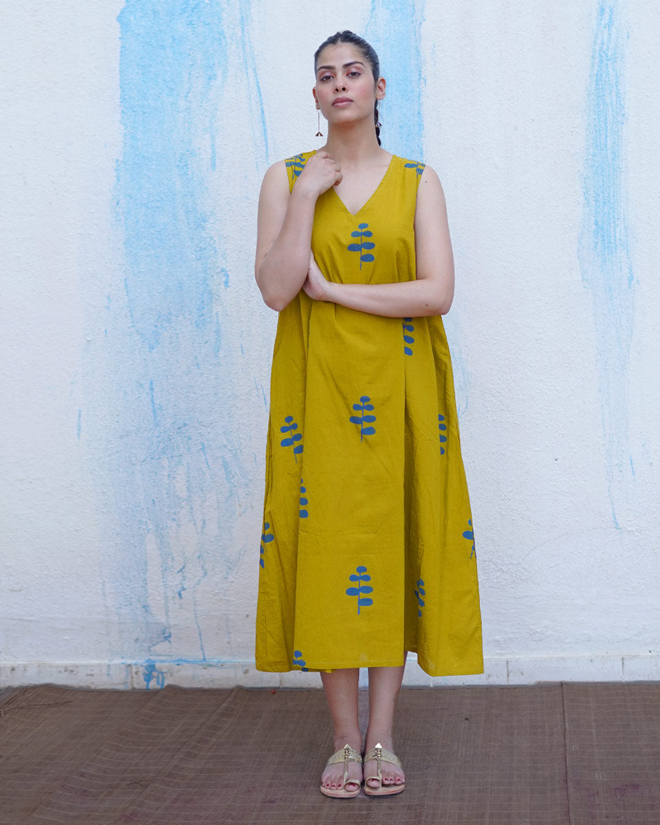 Natkhat Mustard Yellow Handblock Print Cotton Dress - BFG