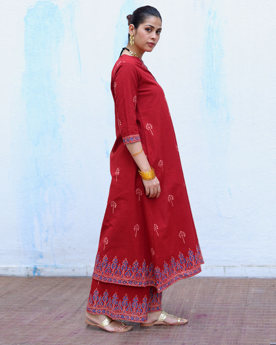 Anjuman Red Handblock Print Cotton Kurta Set - RSH
