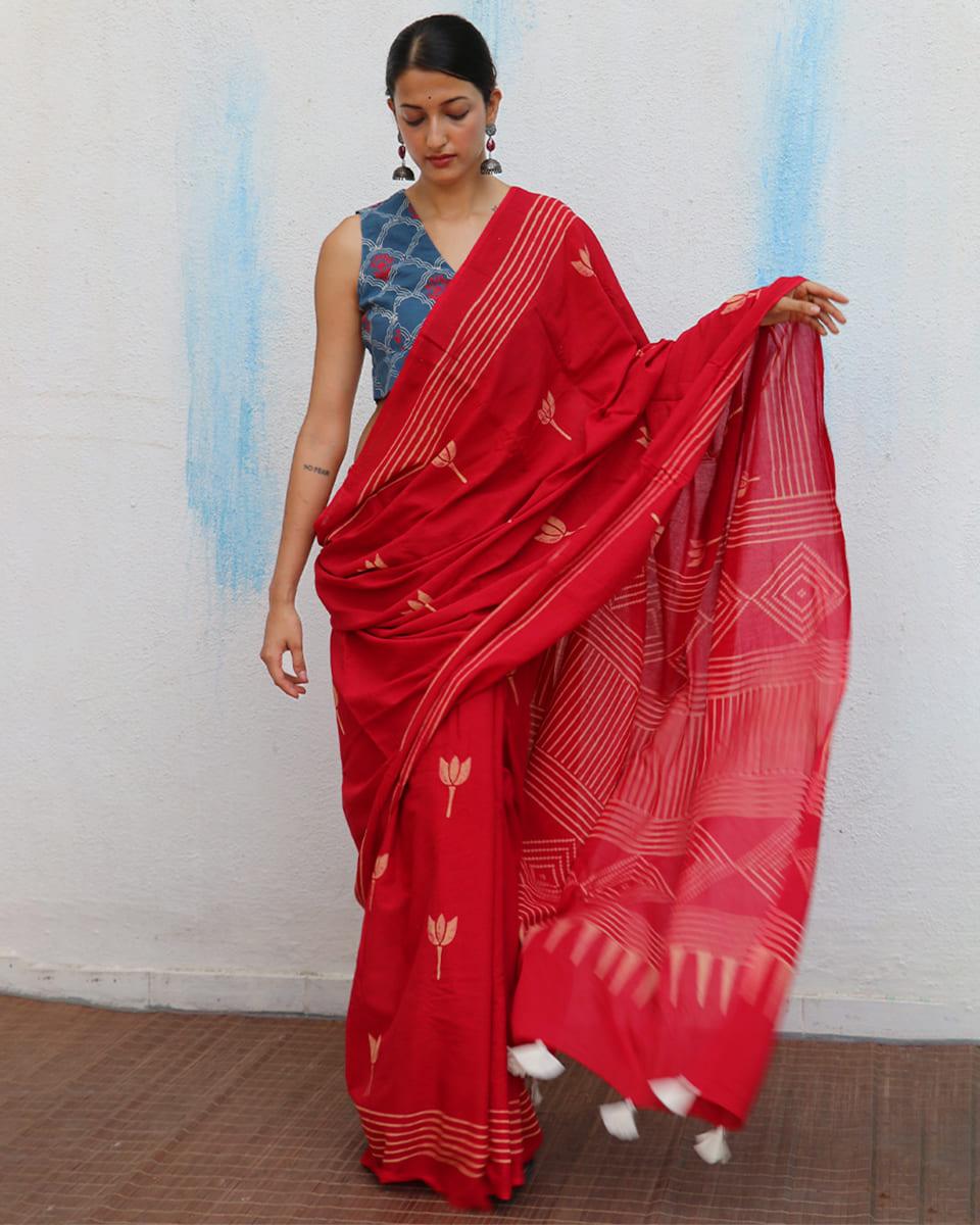 Crimson Handblockprinted Cotton Saree - Fmtm