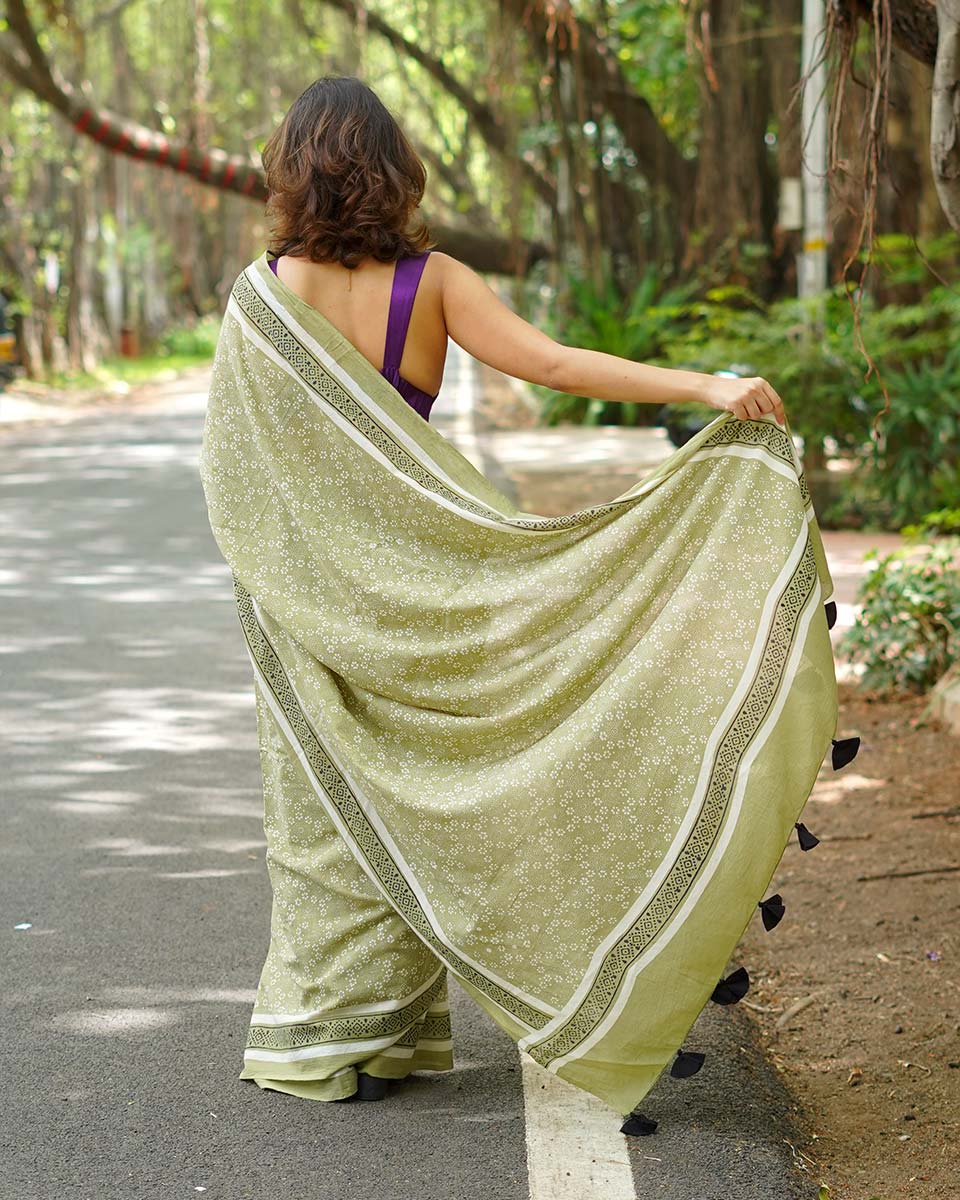 Kesar Phirni Olive Green Handblock Print Cotton Saree - PBC