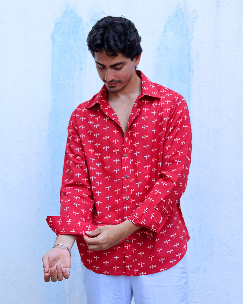 Shadan Red Hand Block Print Cotton Shirt -TOF