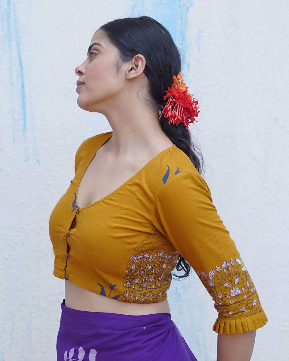 Pankhi Mustard Yellow Handblock Print Cotton Blouse - BFG
