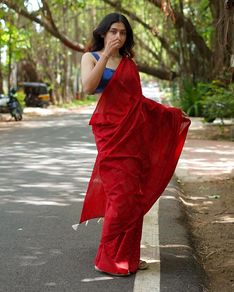 Raspberry Custard Red Handblock Print Cotton Saree - PBC