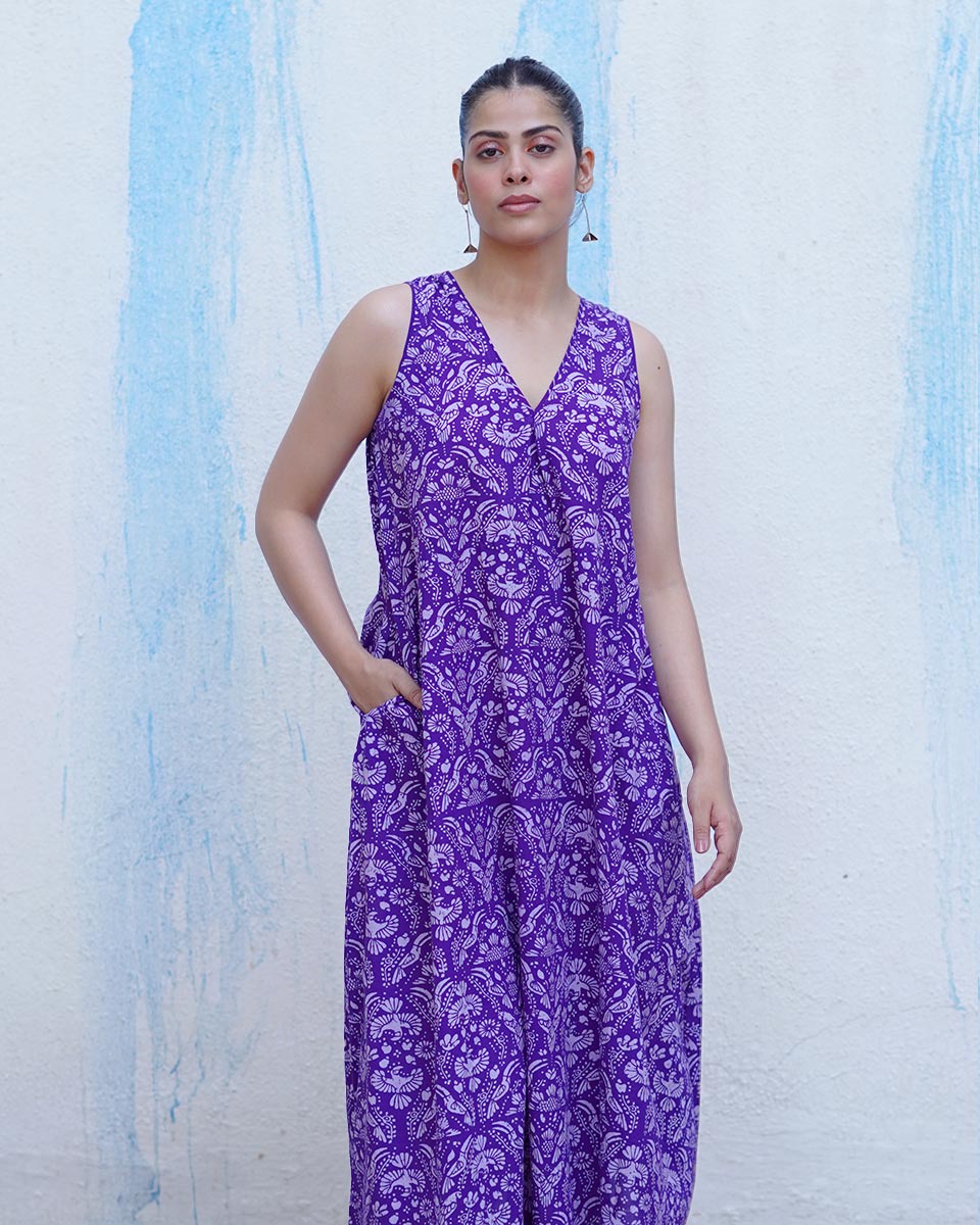 Tarang Purple Handblock Print Cotton Dress - BFG