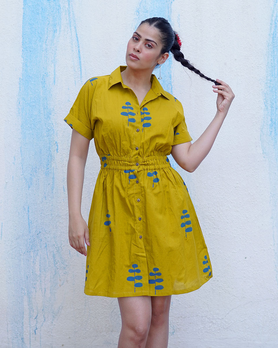 Chanchal Mustard Yellow Handblock Print Cotton Dress - BFG