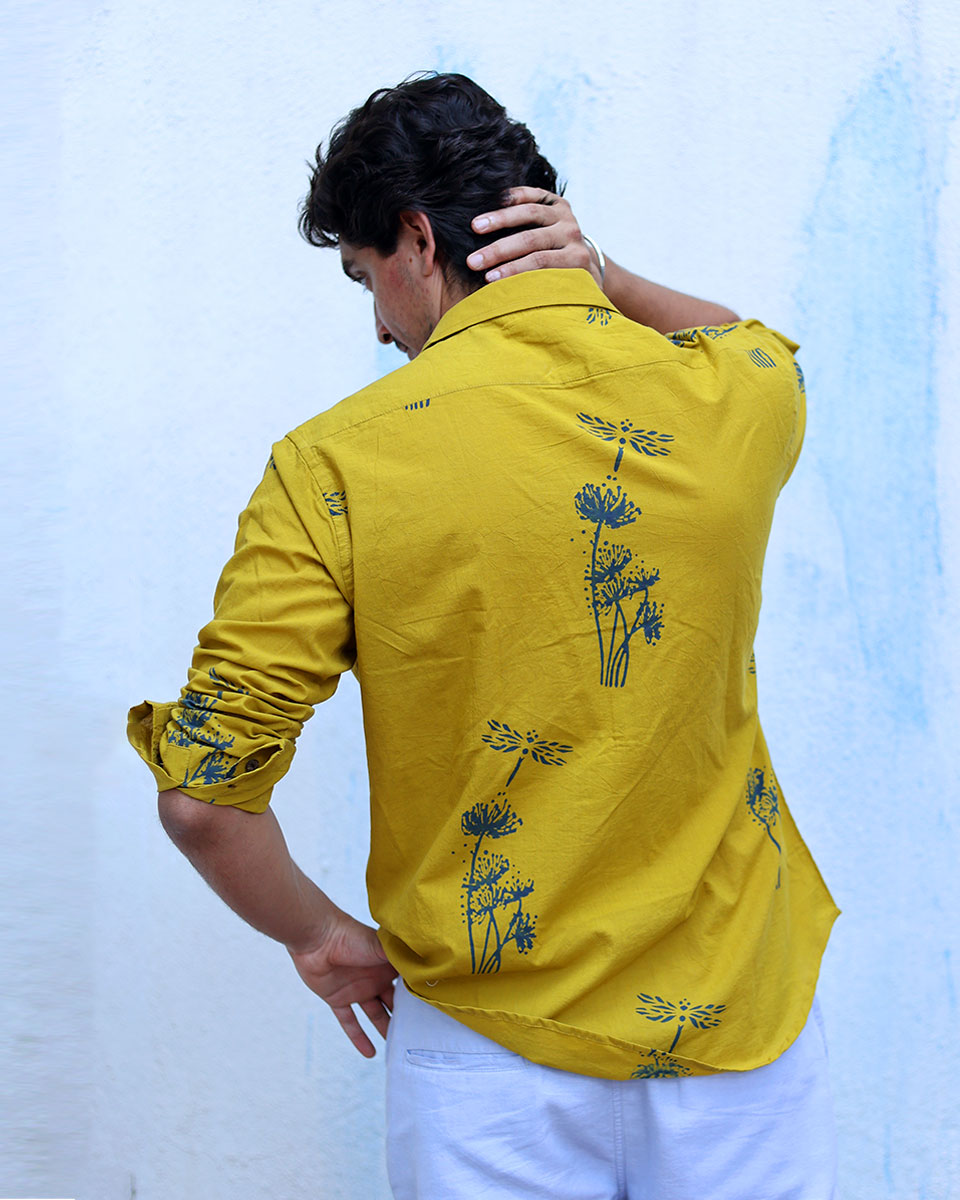 Udan Mustard Yellow Hand Block Print Cotton Shirt -TOF