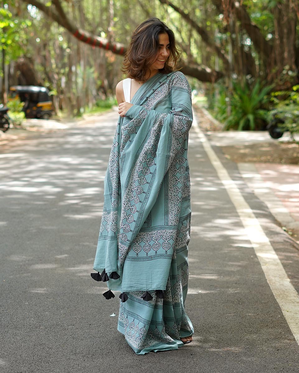 Misri Mist Blue Handblock Print Cotton Saree - PBC