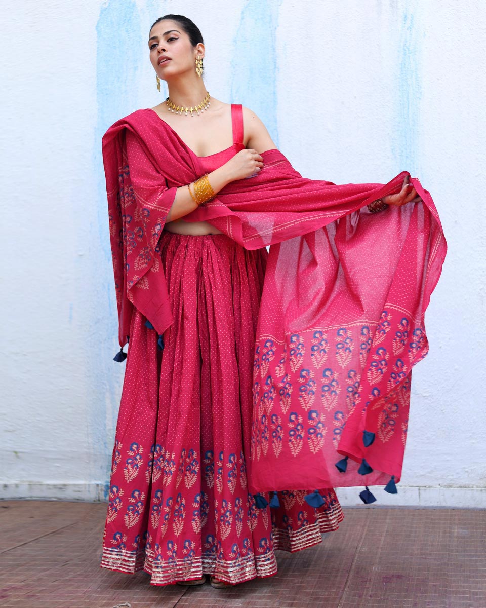 Prabhati Pink Handblock Print Cotton Dupatta - RSH