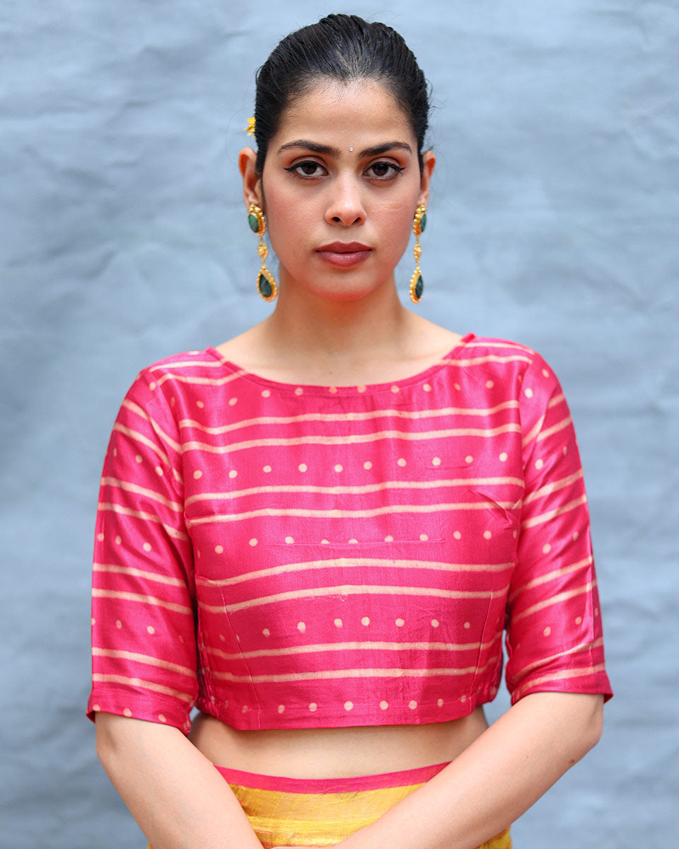 Kavya Pink Handblock Print Mashru Silk Blouse - RSH