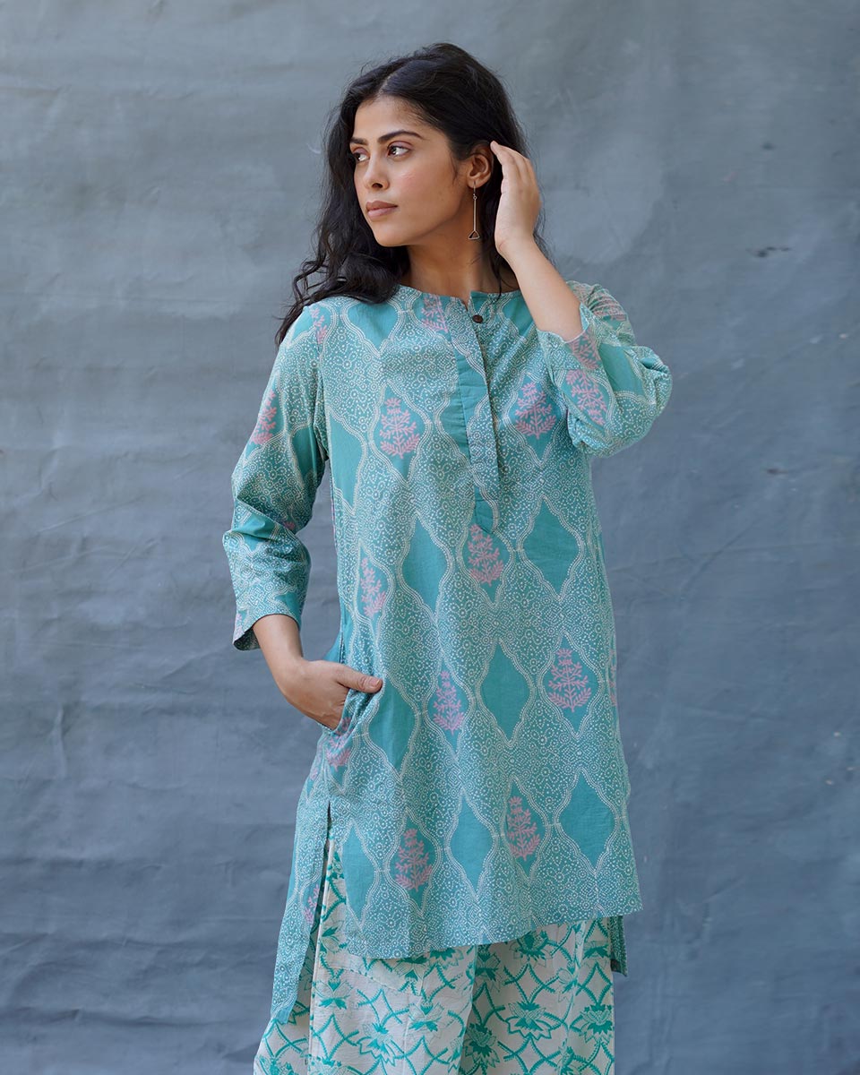 Tenderness of Tulips Teal Green Block Printed Kurti - MMG