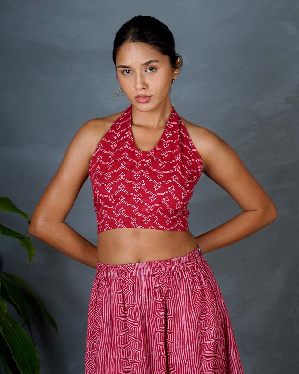 Smriti Red Hand Block Printed Top-MYA
