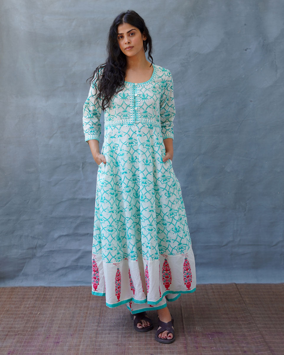 Chamomileâ€™s Calm Teal Green Block Printed Cotton Dress - MMG