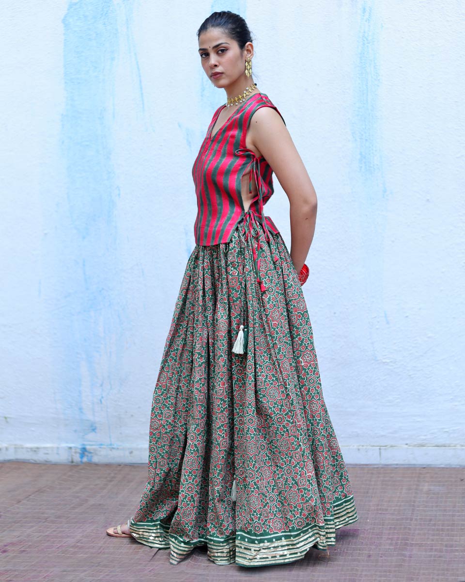 Ujvala Red With Green Handblock Print Mashru Silk Blouse - RSH