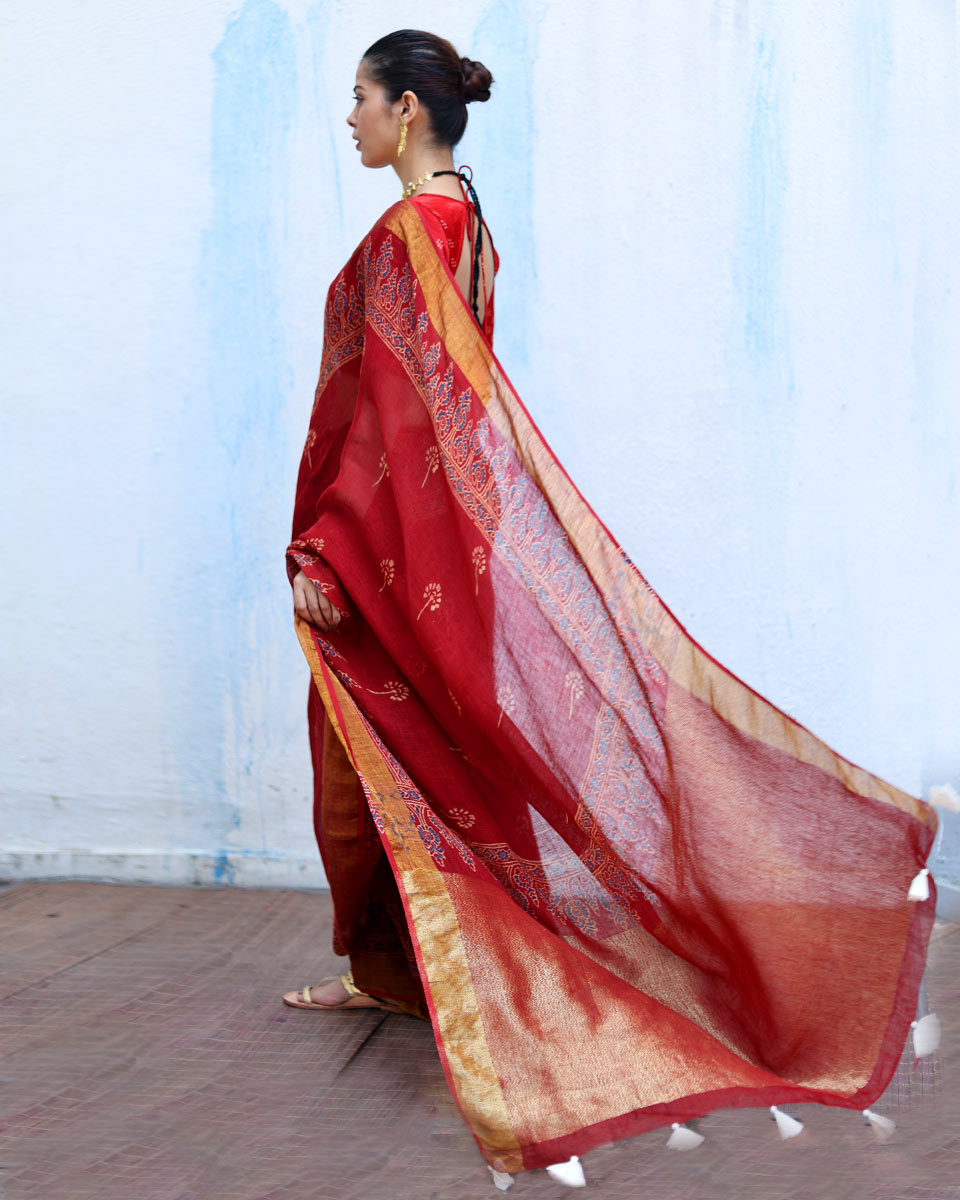 Nayyir Maroon Handblock Print Linen Saree - RSH