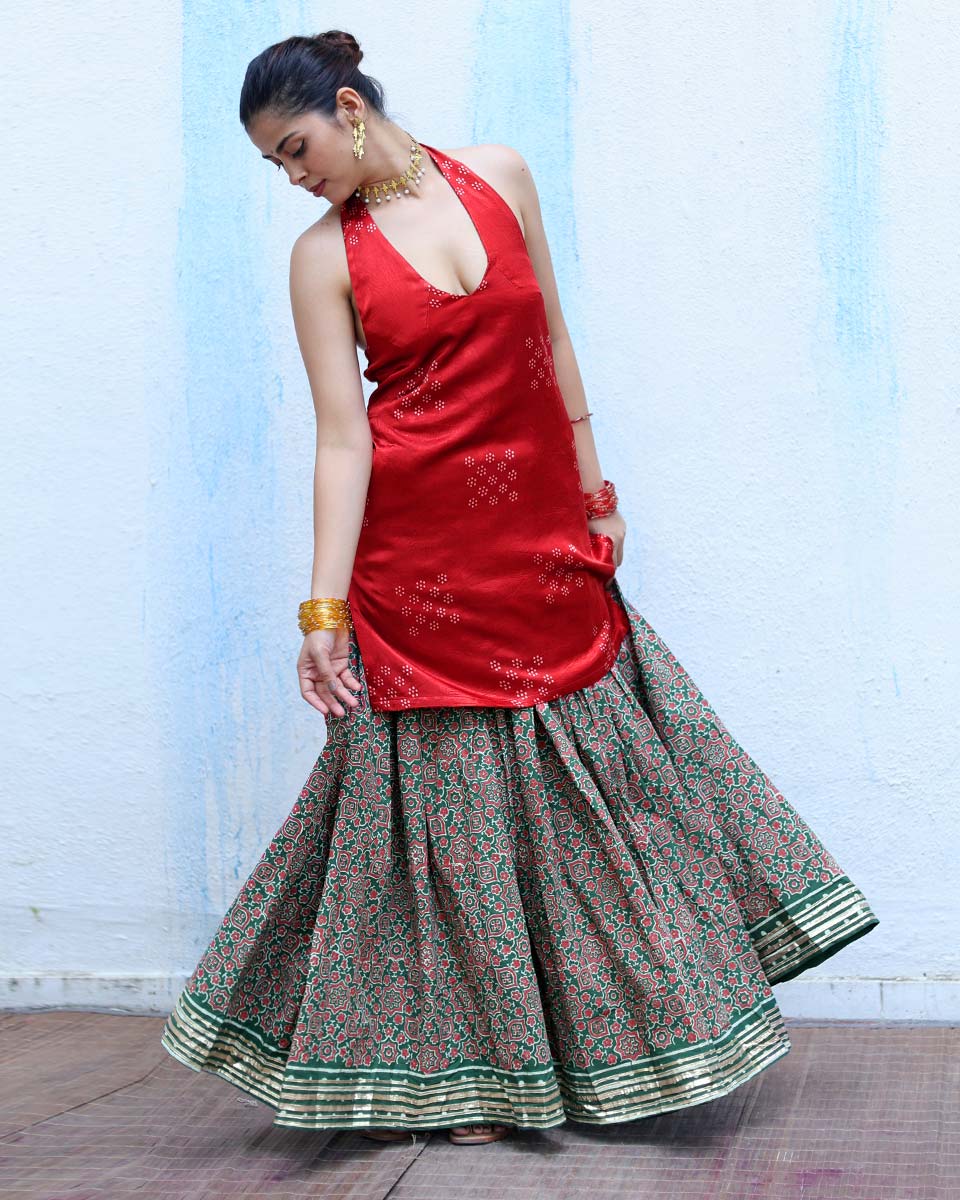 Jhilik Green Handblock Print Cotton Ghagra - RSH