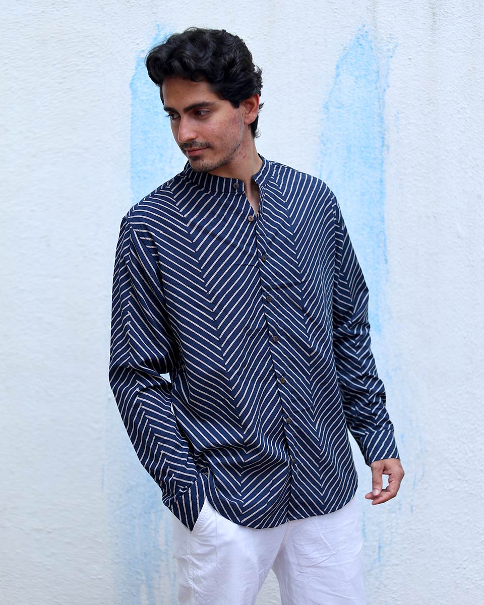 Aangan Blue Hand Block Print Cotton Shirt -TOF