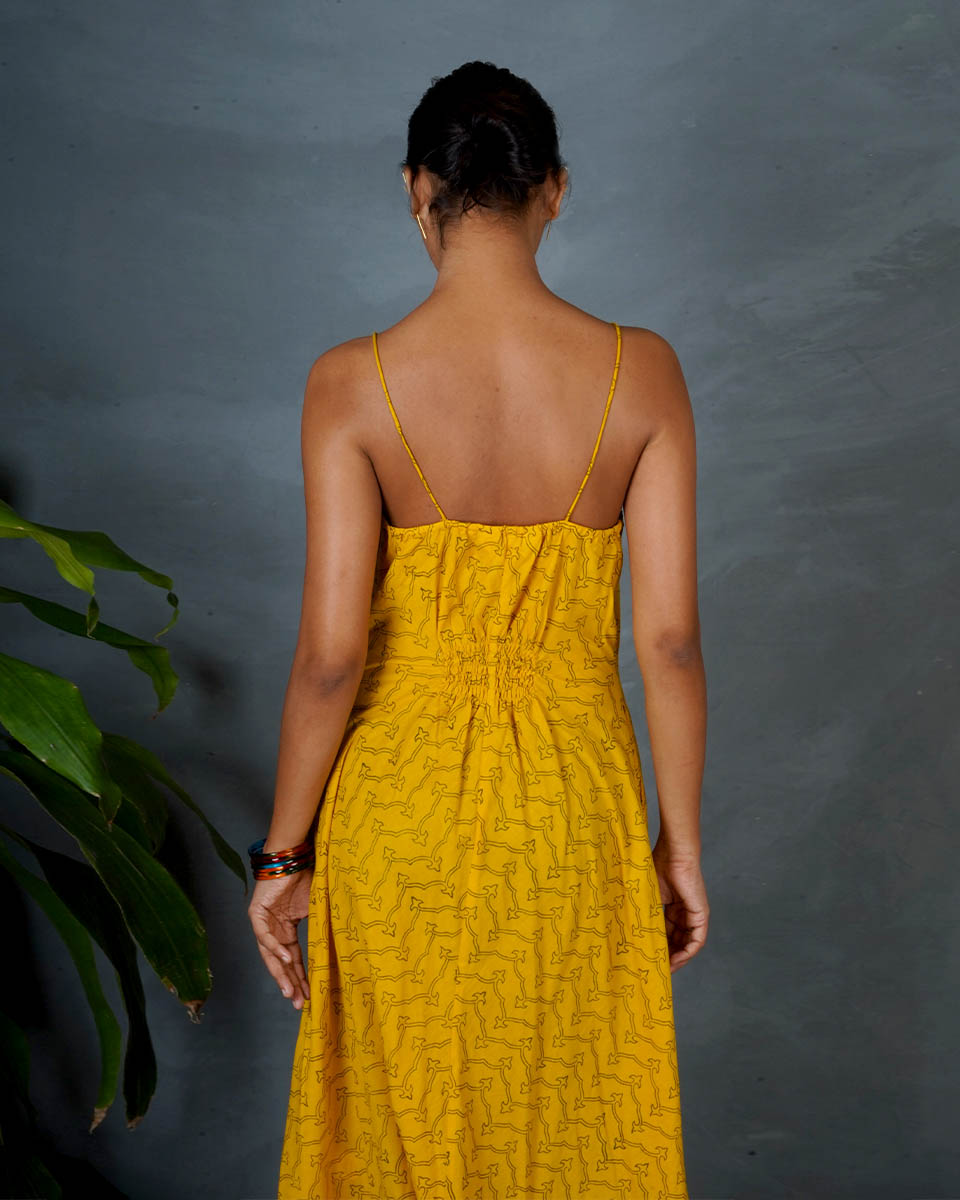 Amaira Yellow Hand Block Printed Dress-MYA
