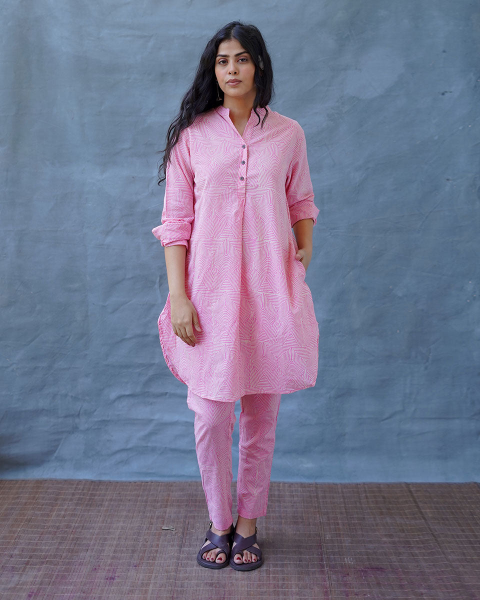 Radiant Roses Blush Pink Block Printed Kurta Set - MMG