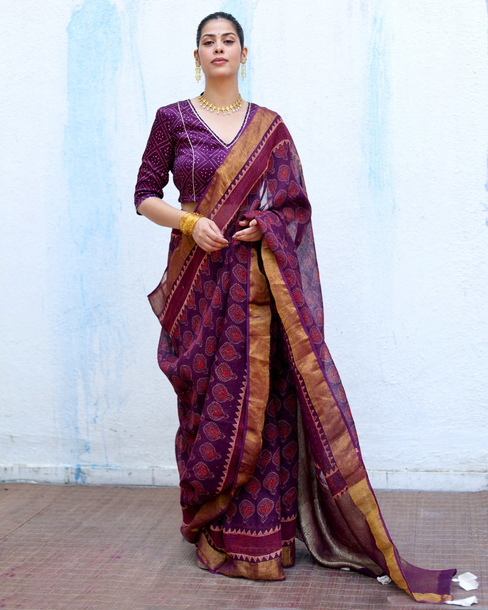 Sitara Purple Handblock Print Linen Saree - RSH