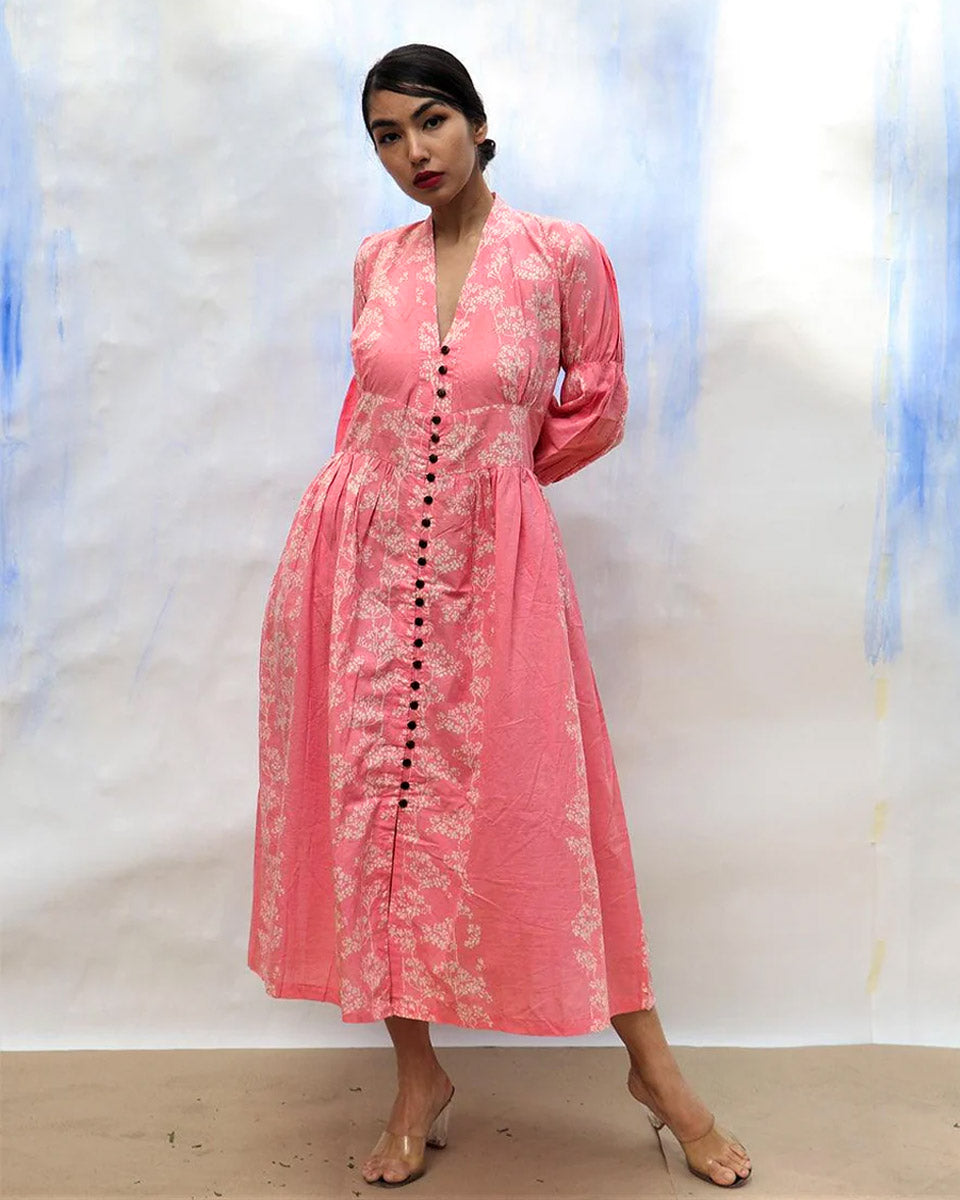 Pink Handprinted Front Open Pure Cotton Dress -Skd