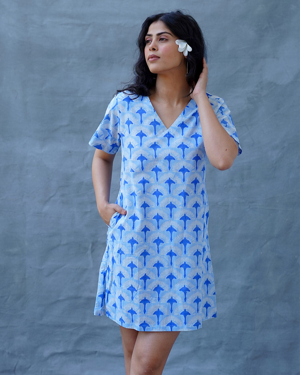Ira Blue Hand Block Printed Dress-BAD