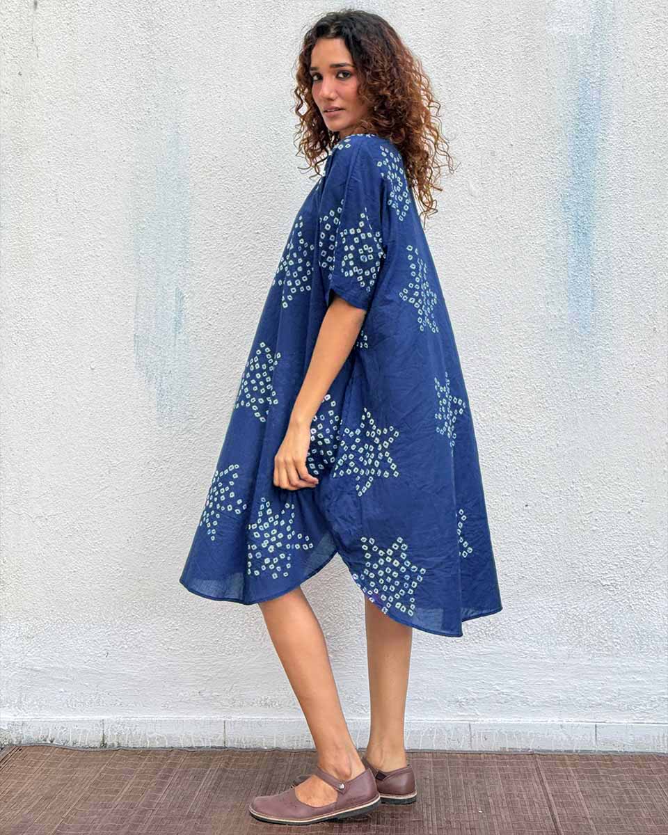 Blue Me Away Bandhej Cotton Dress - Freesize