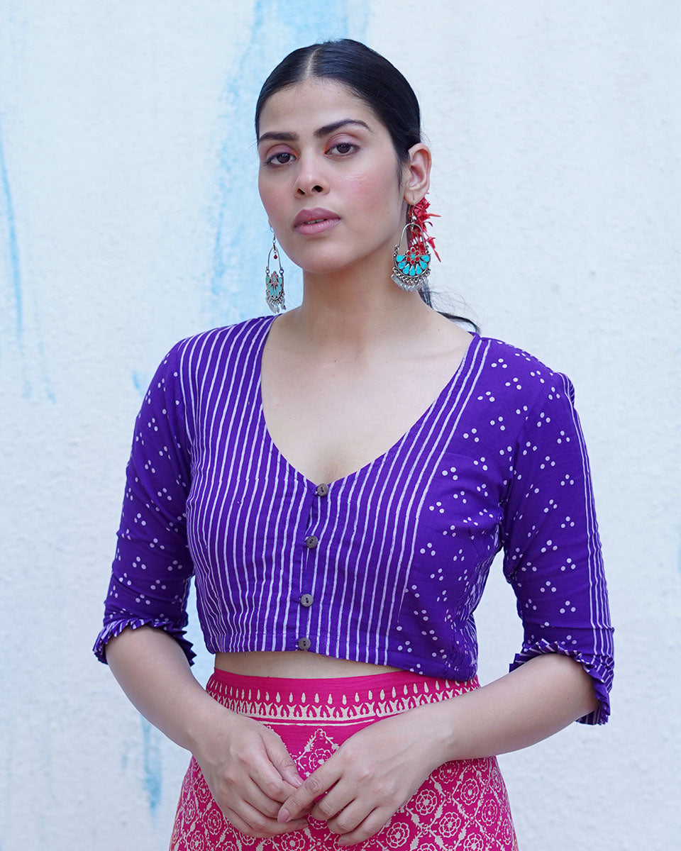Pankhuri Purple Handblock Print Cotton Blouse - BFG