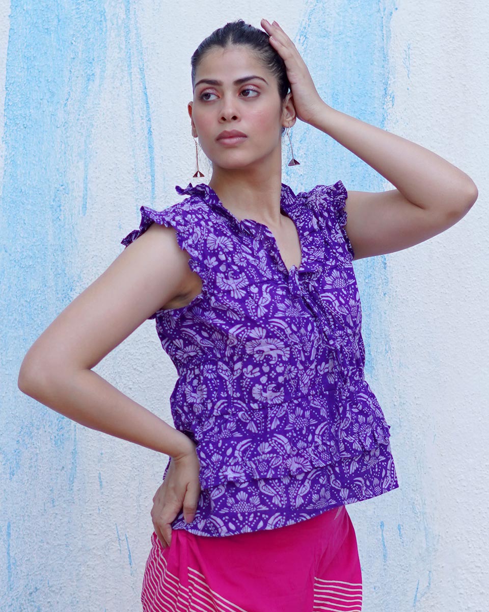 Phulwa Purple Handblock Print Cotton Top - BFG