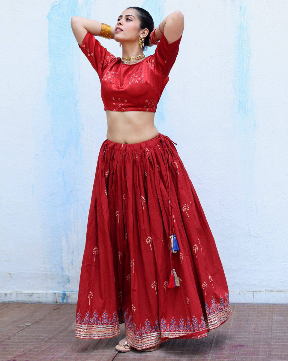 Jyotsna Red Handblock Print Cotton Ghagra - RSH