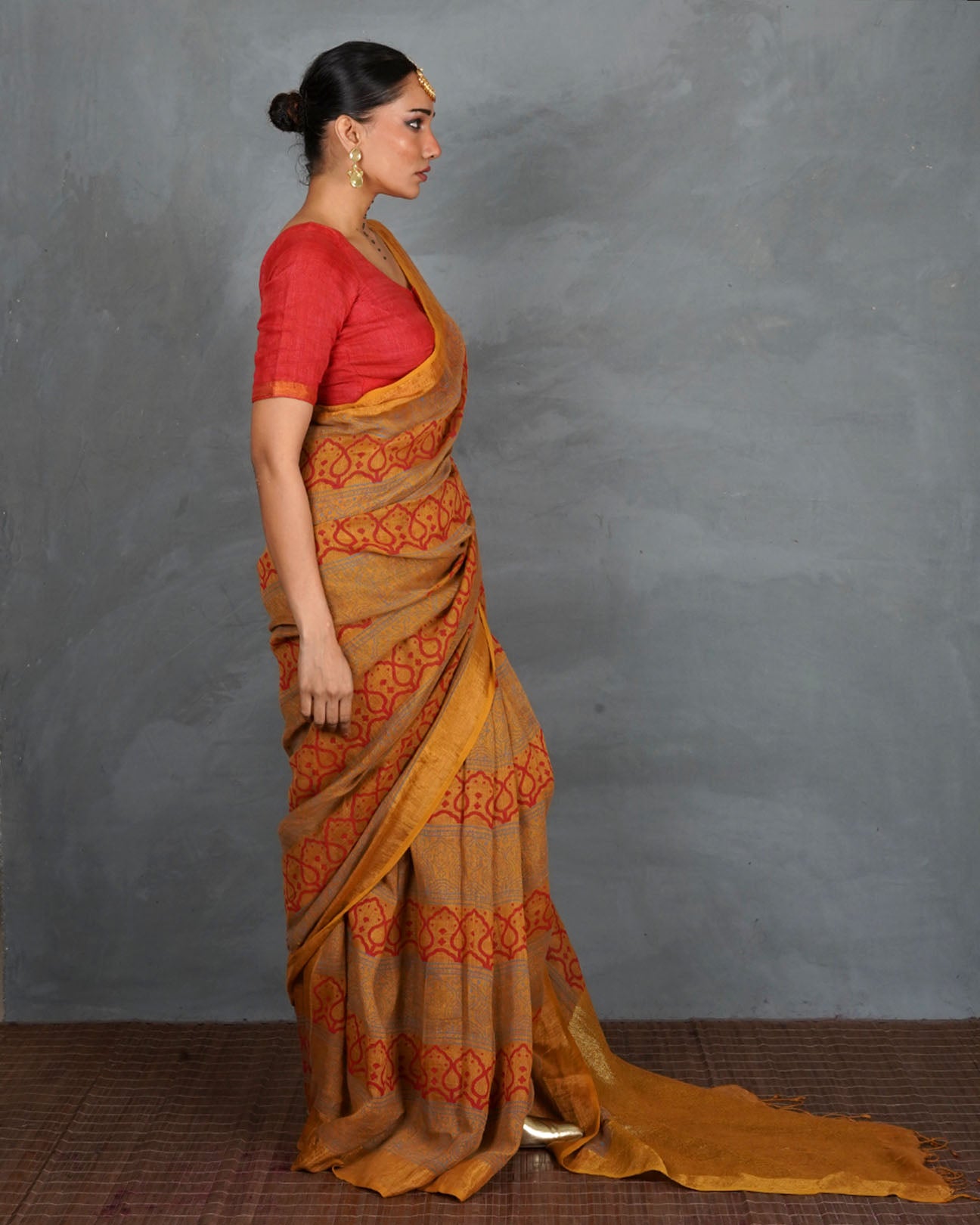 Deepika Mustard  Handblock Linen Saree - TARA