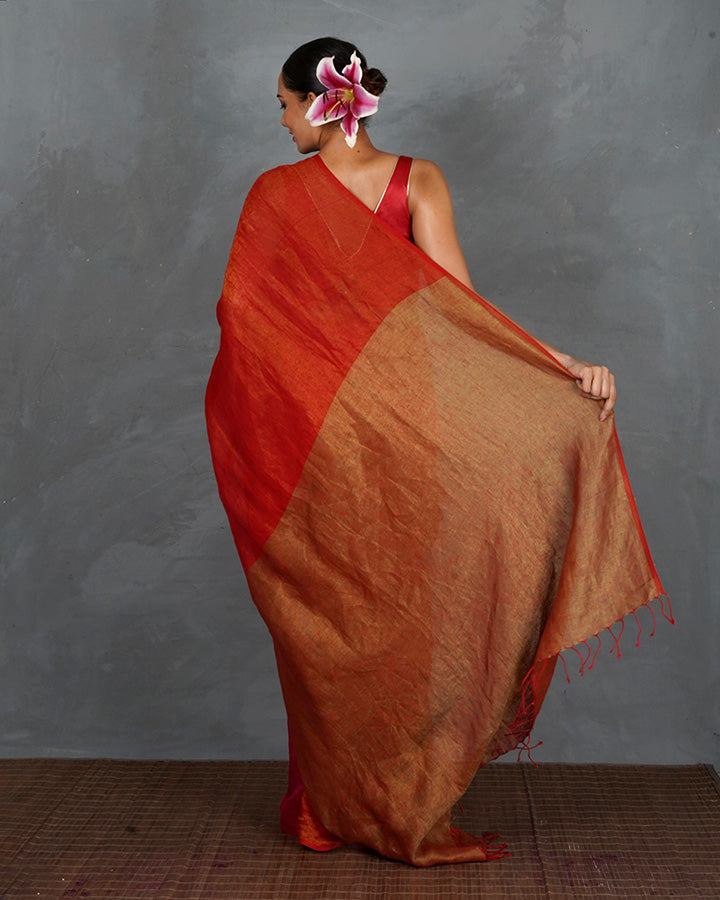 Glow On Red Handwoven Linen Saree - TARA