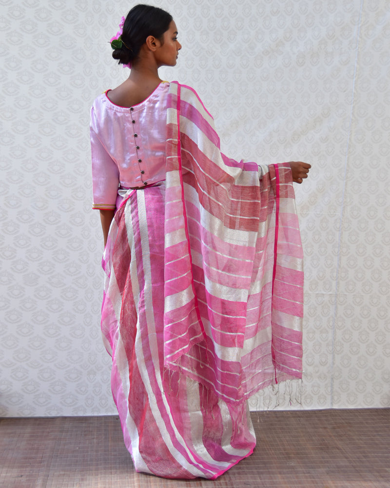 Pretty Pink Handwoven Linen Zari Saree - Bgvl
