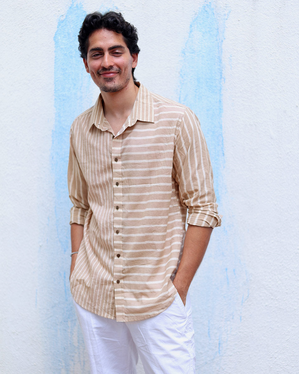 Malang Beige Hand Block Print Cotton Shirt -TOF