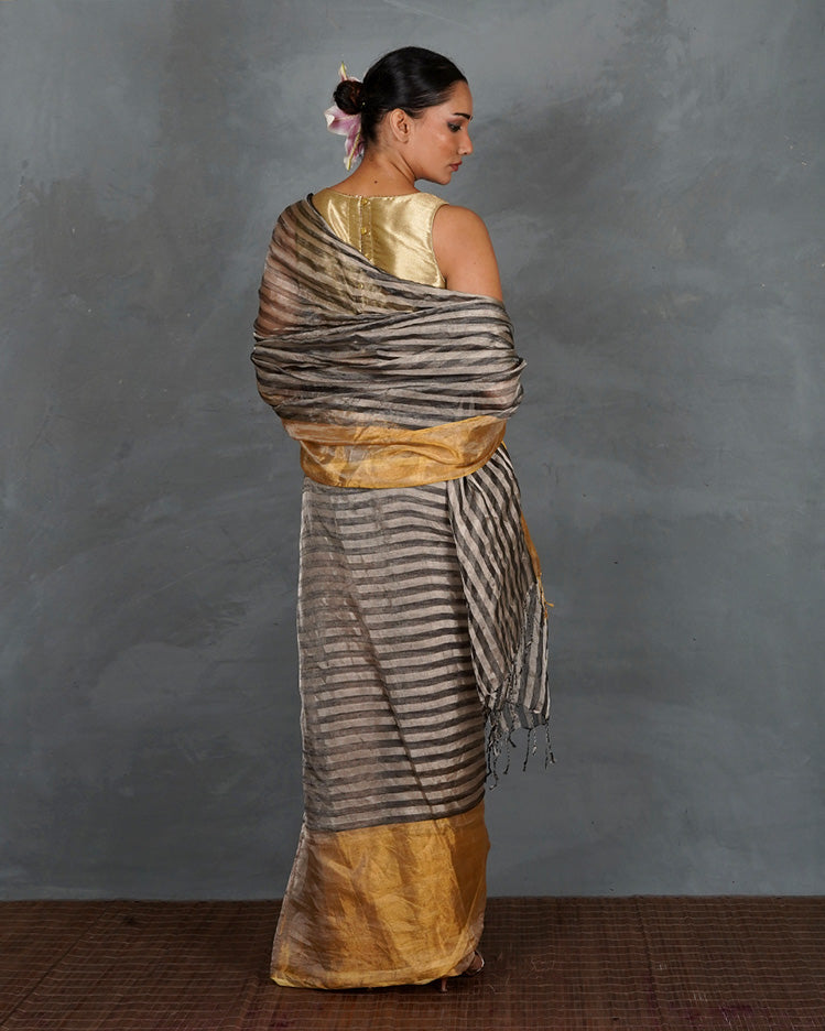 Burn Soft Silver With Black Strip Handwoven Linen Saree - TARA