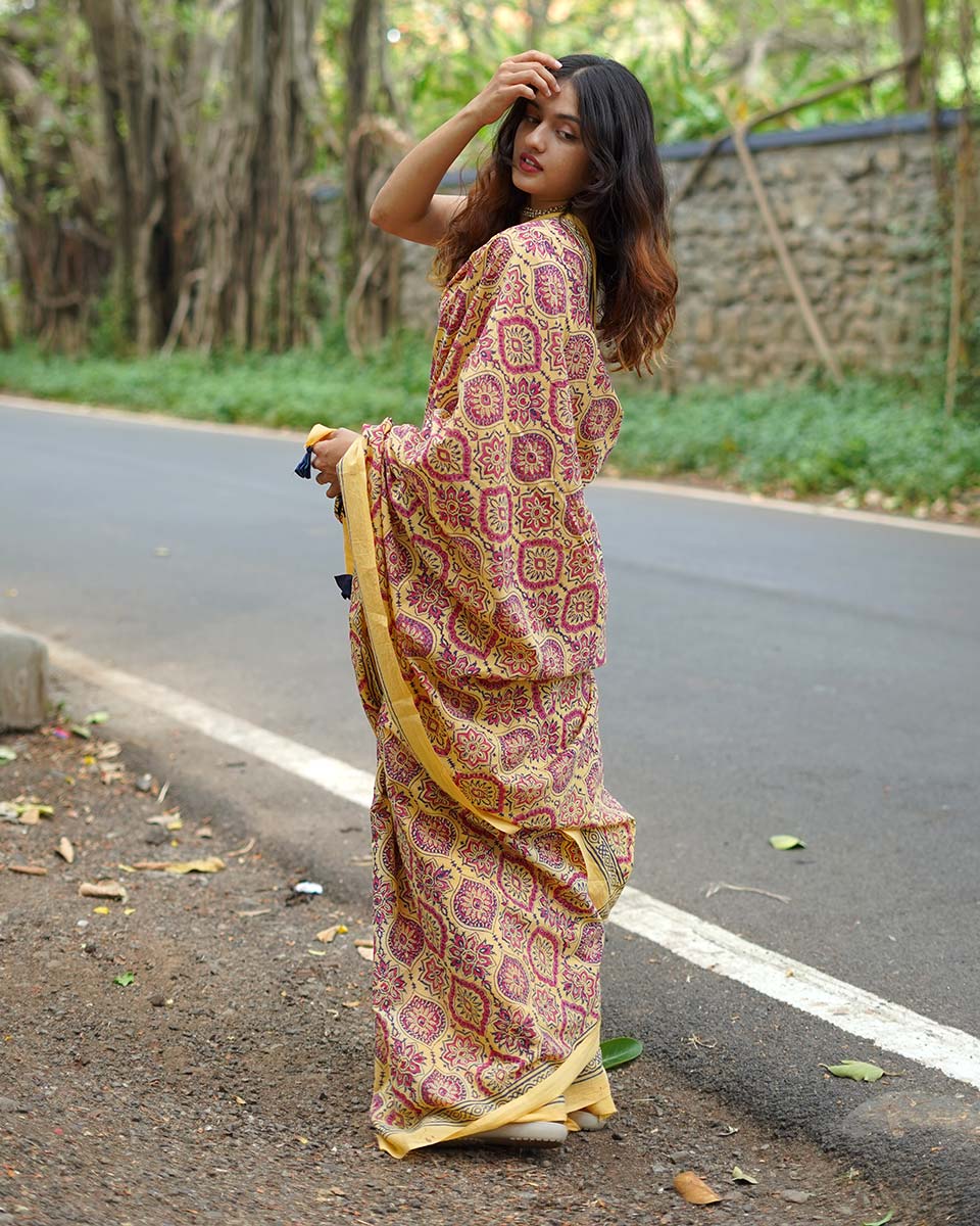 Chikoo Shake Mustard Yellow Handblock Print Cotton Saree - PBC