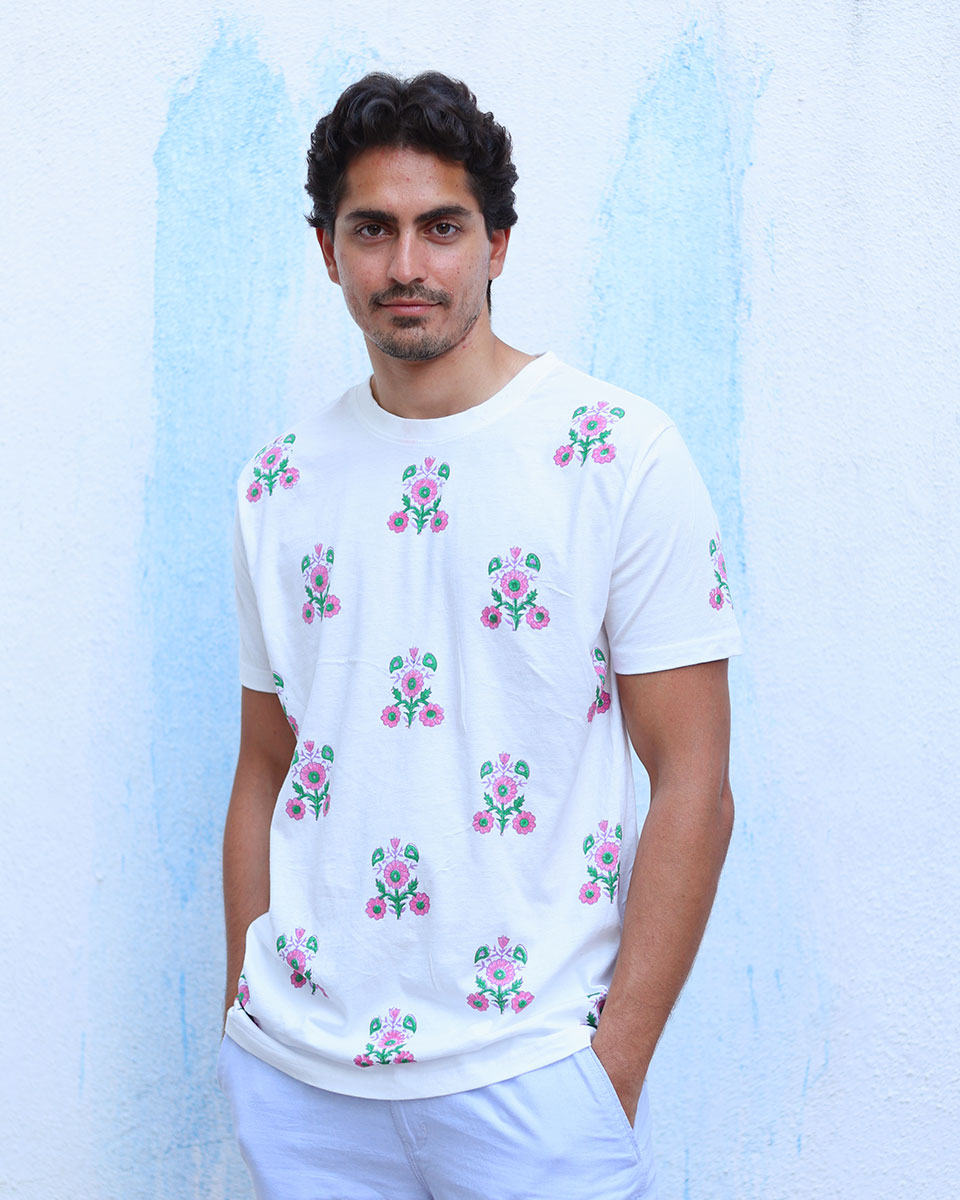 Aarzoo White Hand Block Print Cotton T- Shirt - TOF