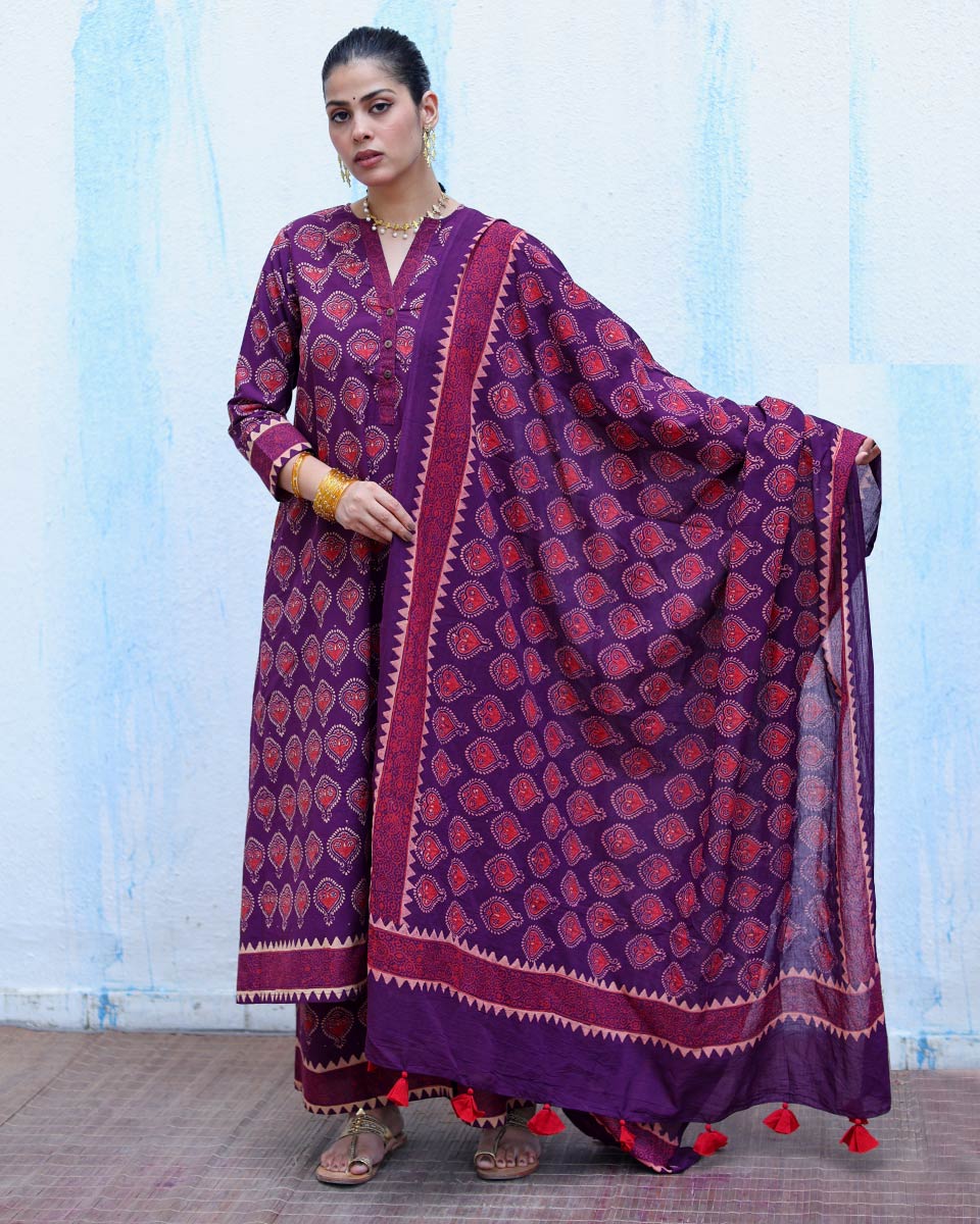 Ujwala Purple Handblock Print Cotton Dupatta - RSH