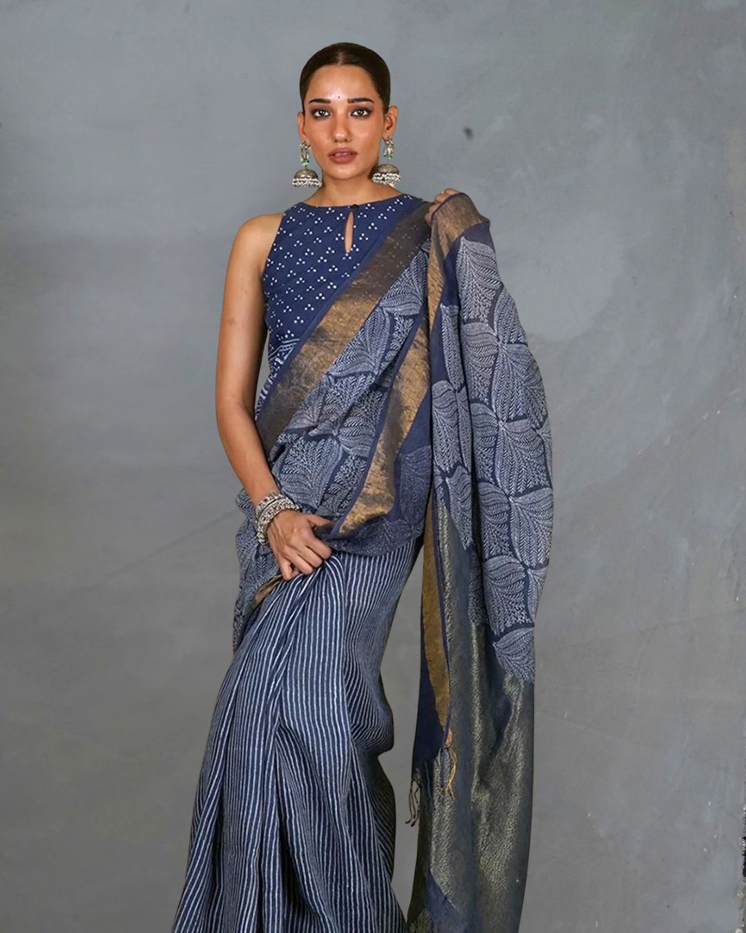 Malhari Blue Handblock Print Linen Saree - INDI