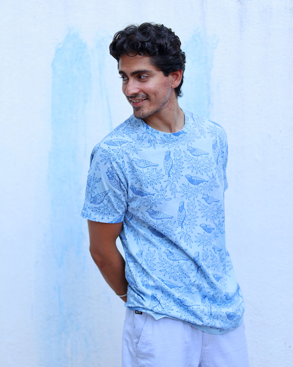 Anhad Sky Blue Hand Block Print Cotton T- Shirt - TOF