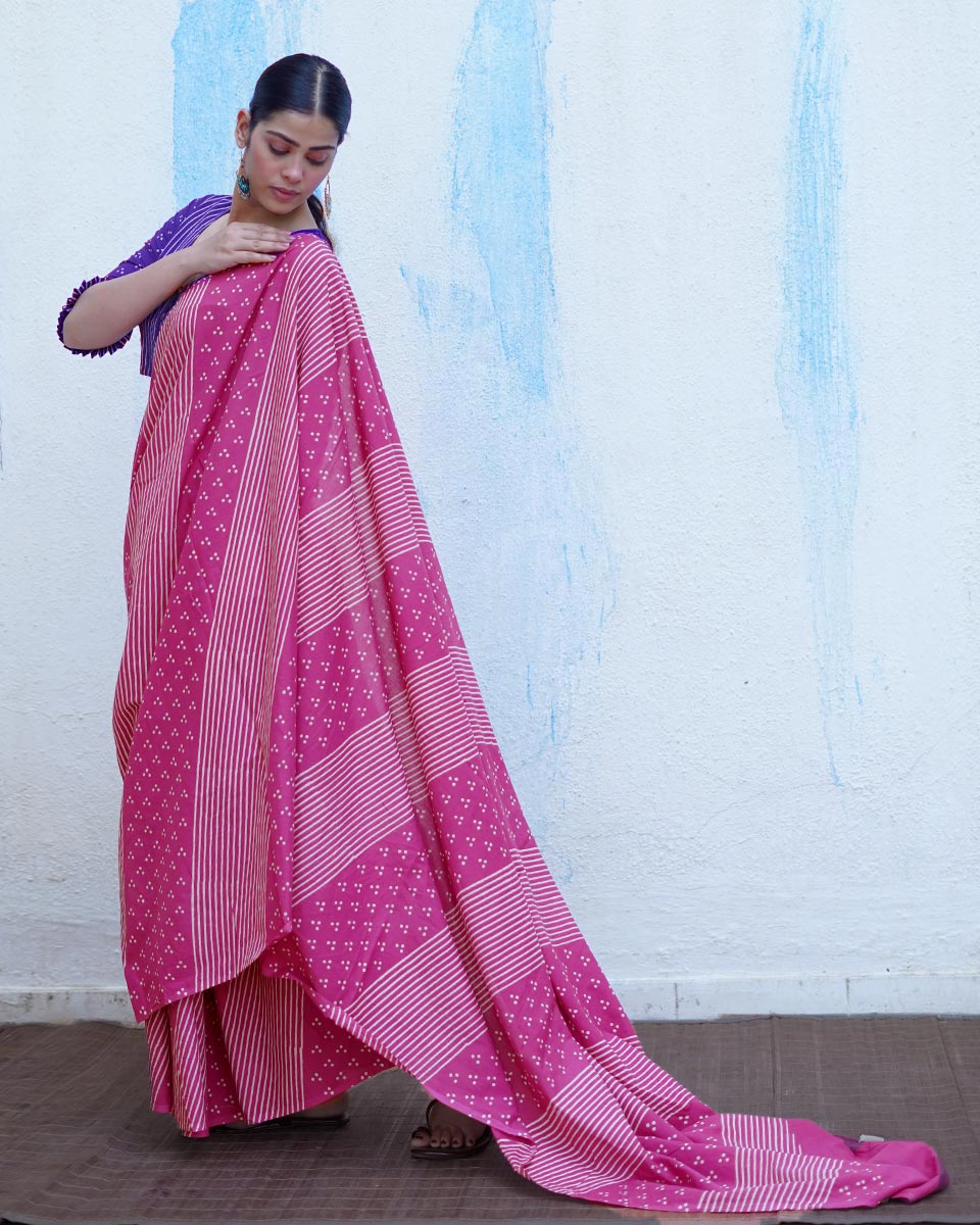 Patang Pink Handblock Print Cotton Saree - BFG