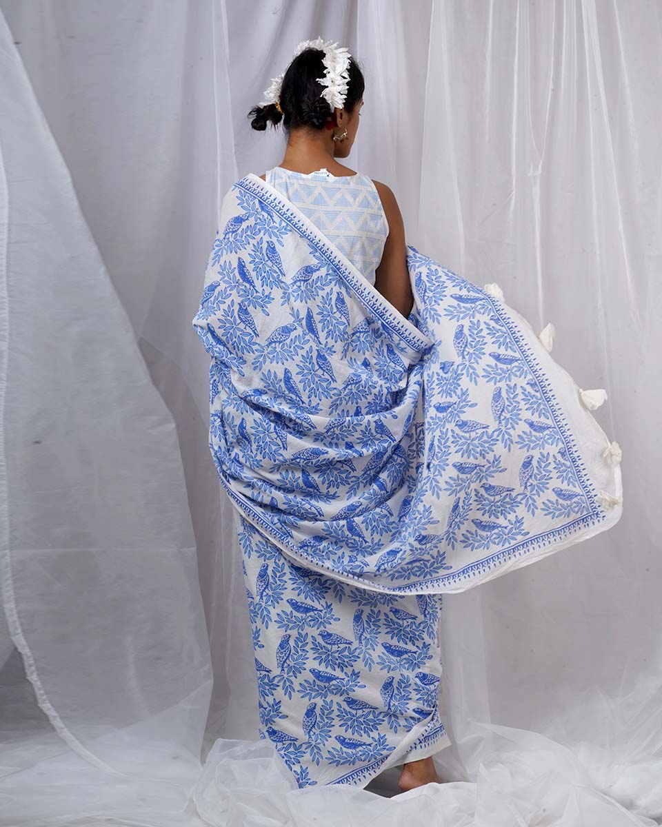 Rimi Ivory Hand Block Printed Saree-BAD