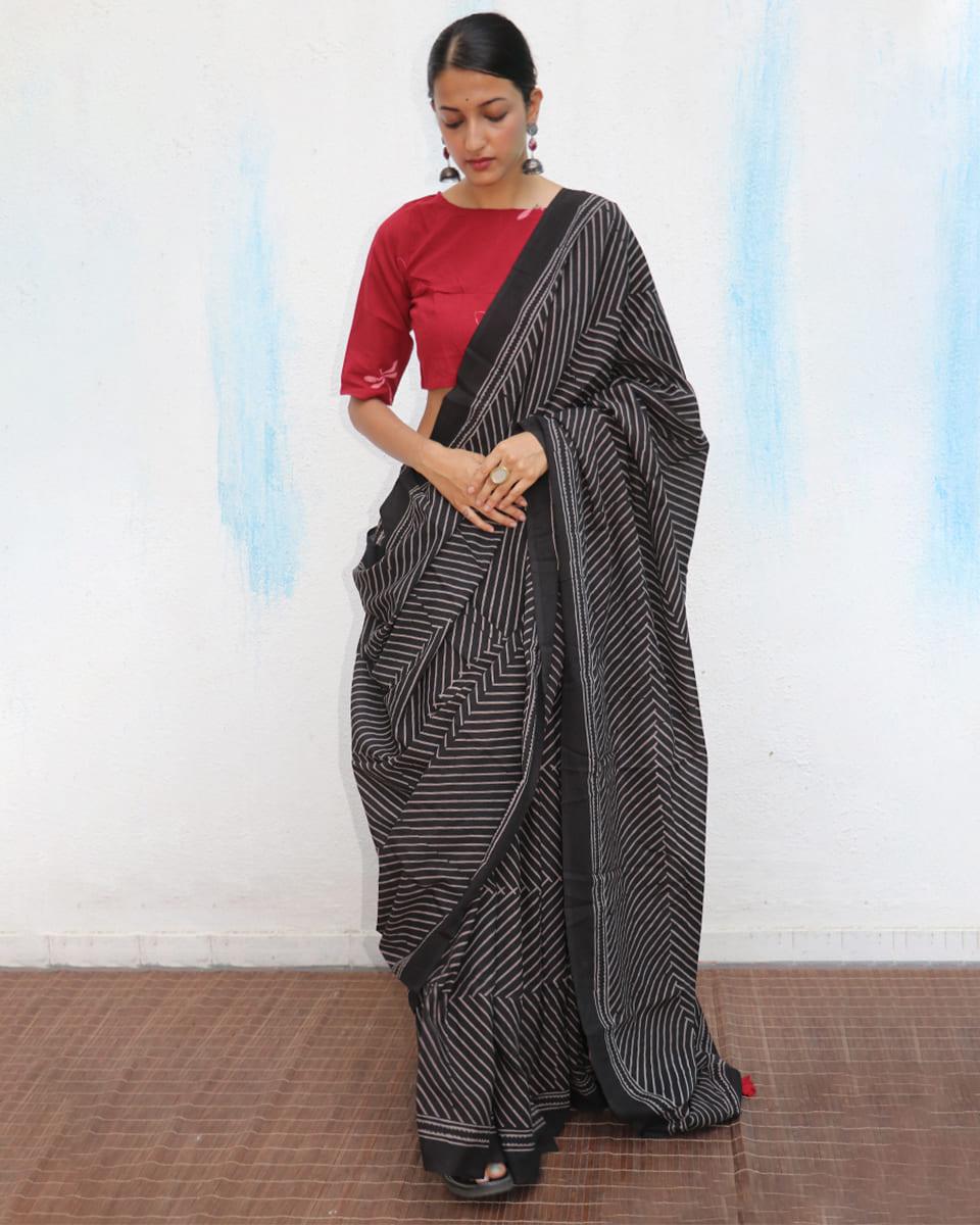 Nightingale Handblockprinted Cotton Saree - Fmtm