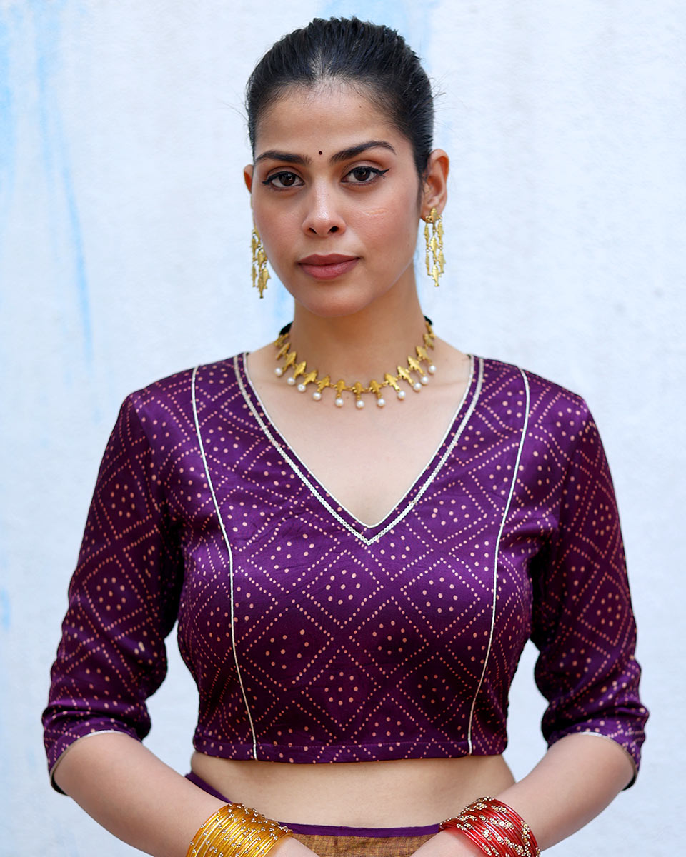 Mahsa Purple Handblock Print Mashru Silk Blouse - RSH