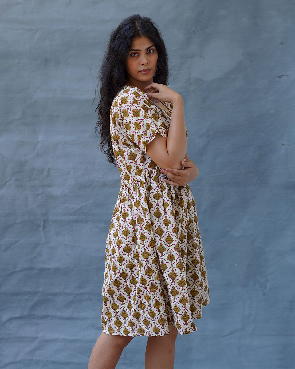 Tu Dilruba Ivory Block Printed Cotton Dress - WW